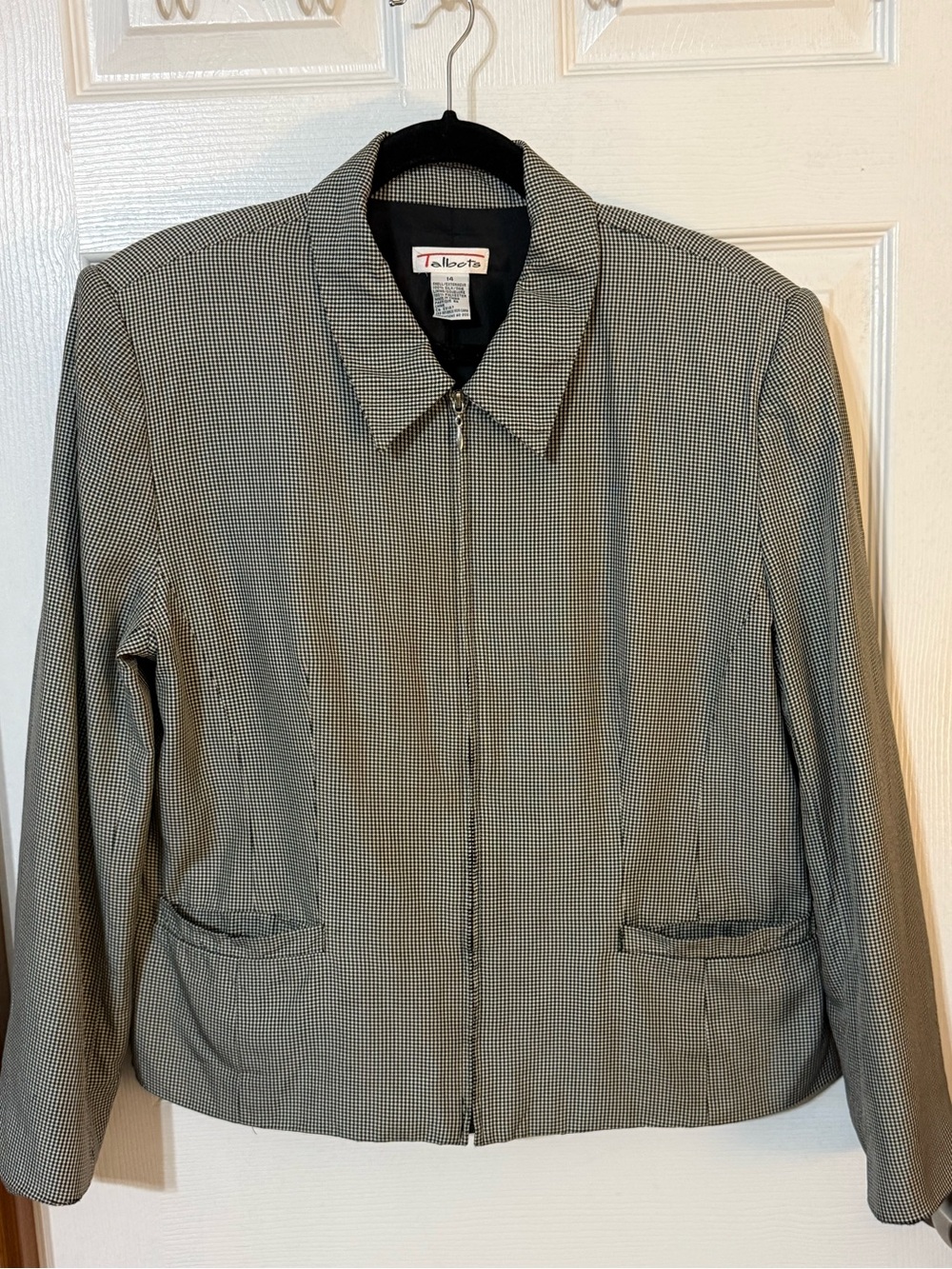 VTG Talbots 100% Silk Micro-Houndstooth Zip Jacket Blazer Black White Size 14